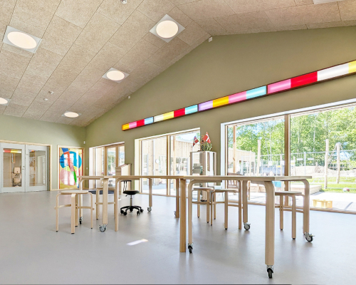“Horizons” Permanent commission, Kærsgård Børnehus, Odense, 2024. Lightboxes, plexiglass, paint and glass mosaic.