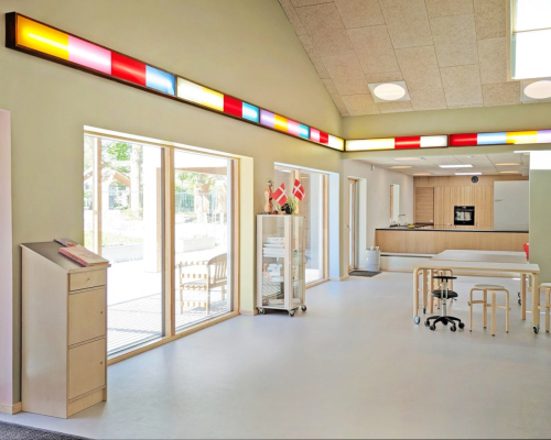 “Horizons” Permanent commission, Kærsgård Børnehus, Odense, 2024. Lightboxes, plexiglass, paint and glass mosaic.
