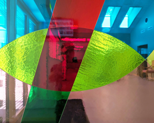 “Horizons” Permanent commission, Kærsgård Børnehus, Odense, 2024. Lightboxes, plexiglass, paint and glass mosaic.