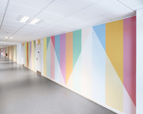 “Continuum” Commission, Nørre Gymnasium High School, Copenhagen, 2025. 70 meter wall painting, five lightboxes with LED and watercolor paintings and colored light. Photo by Mogens Ulderup.