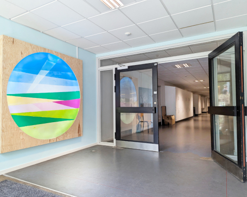 “Continuum” Commission, Nørre Gymnasium High School, Copenhagen, 2025. 70 meter wall painting, five lightboxes with LED and watercolor paintings and colored light. Photo by Mogens Ulderup.