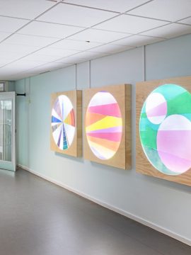 “Continuum” Commission, Nørre Gymnasium High School, Copenhagen, 2025. 70 meter wall painting, five lightboxes with LED and watercolor paintings and colored light. Photo by Mogens Ulderup.